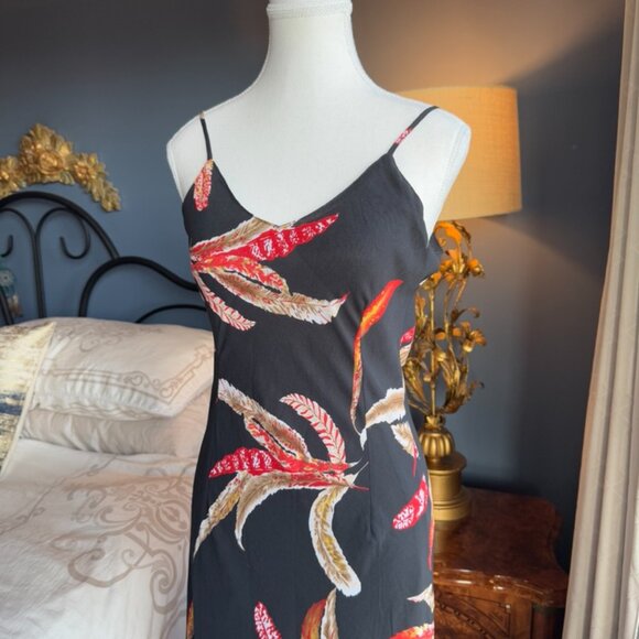 Black w Tropical Red Feather Print Chiffon Midi Dress - Picture 6 of 15